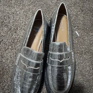 J. Crew Metallic Croc-Embossed Loafers in Silver
